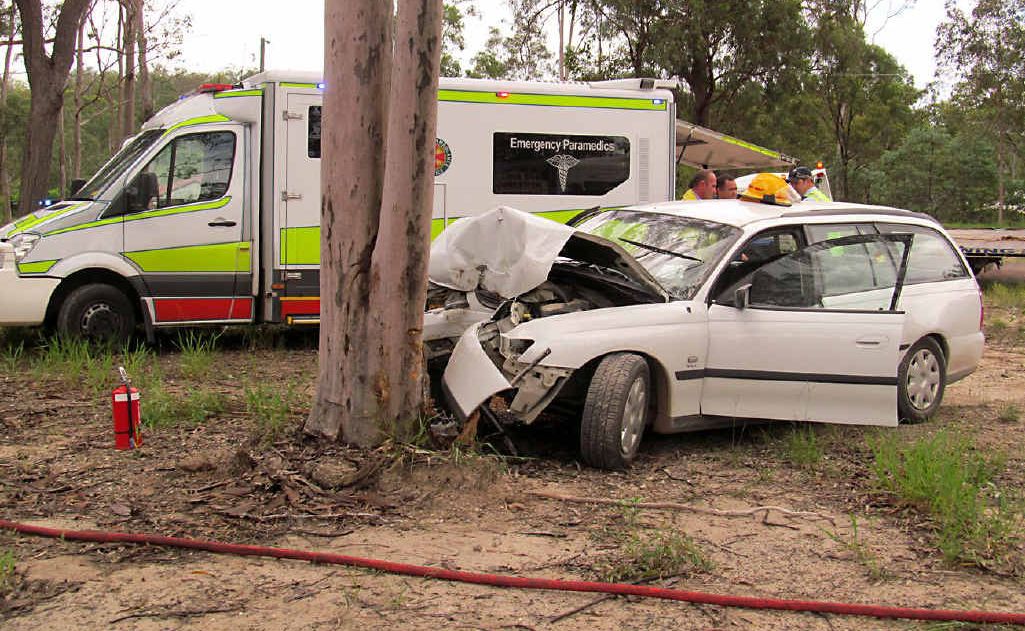 The scene of a single vehicle crash in which a Curra man was seriously injured when he lost control of his station wagon. The scene of a single vehicle crash in which a Curra man was seriously injured when he lost control of his station wagon.